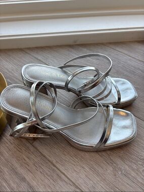 Metallic Silver Strappy Block Heel Sandals